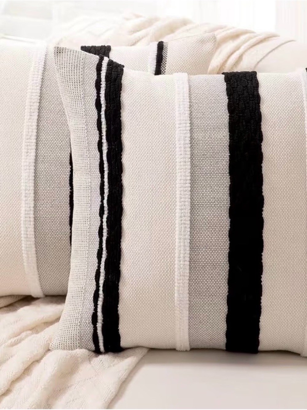 Textured Throw Pillow Covers with Black and White Stripe